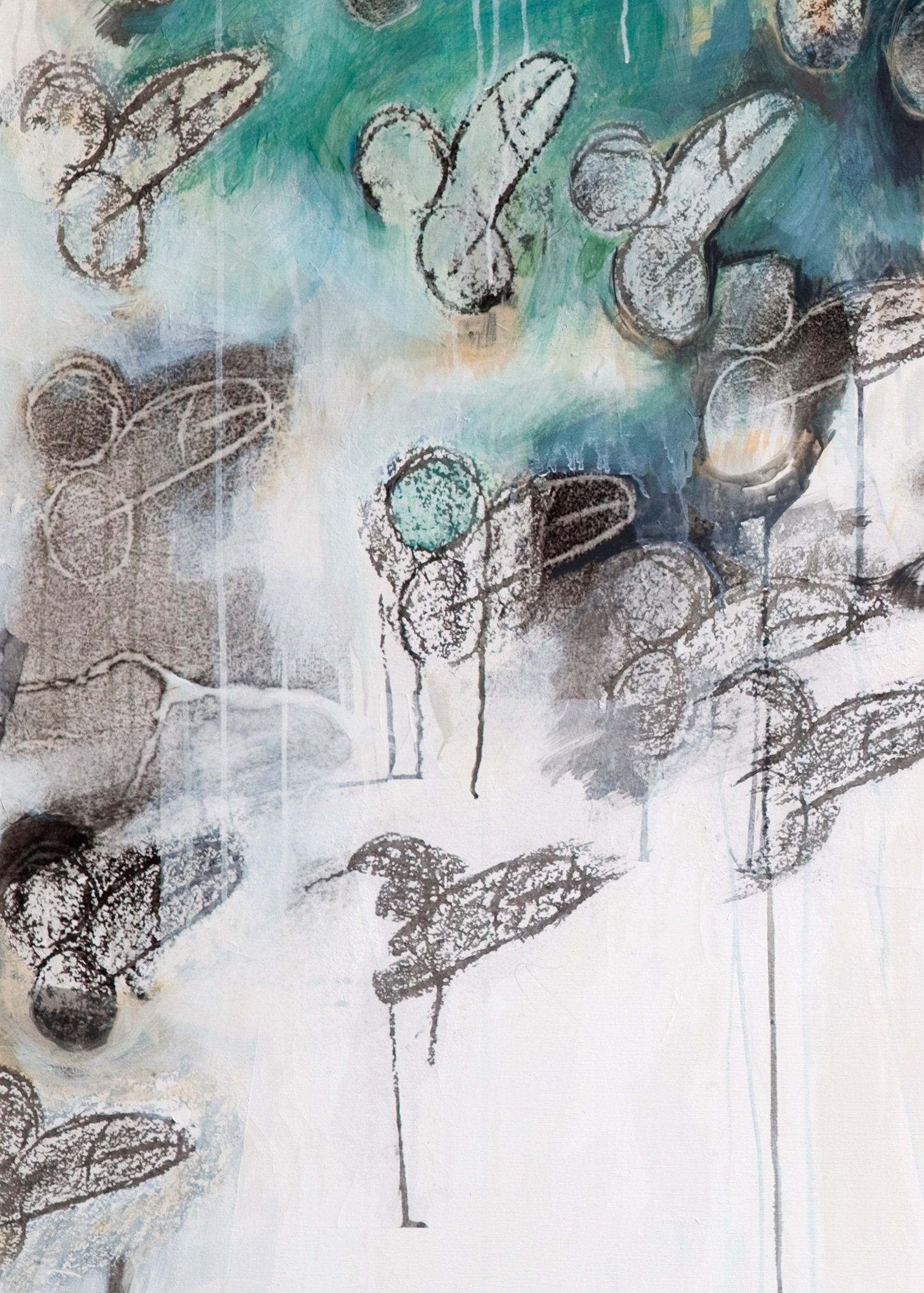 An abstract painting with stylized male genitalia in black and teal, pink, Close Up