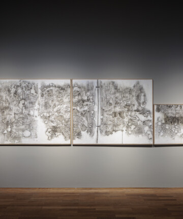 Prints on canvas of marks left on historic significant site in Berlin, Am Hegelplatz, Nadia Kaabi Linke Hamburger Bahnhof - Nationalgalerie für Gegenwart, Berlin, 2023. Nadia Kaabi-Linke Seeing Without Light