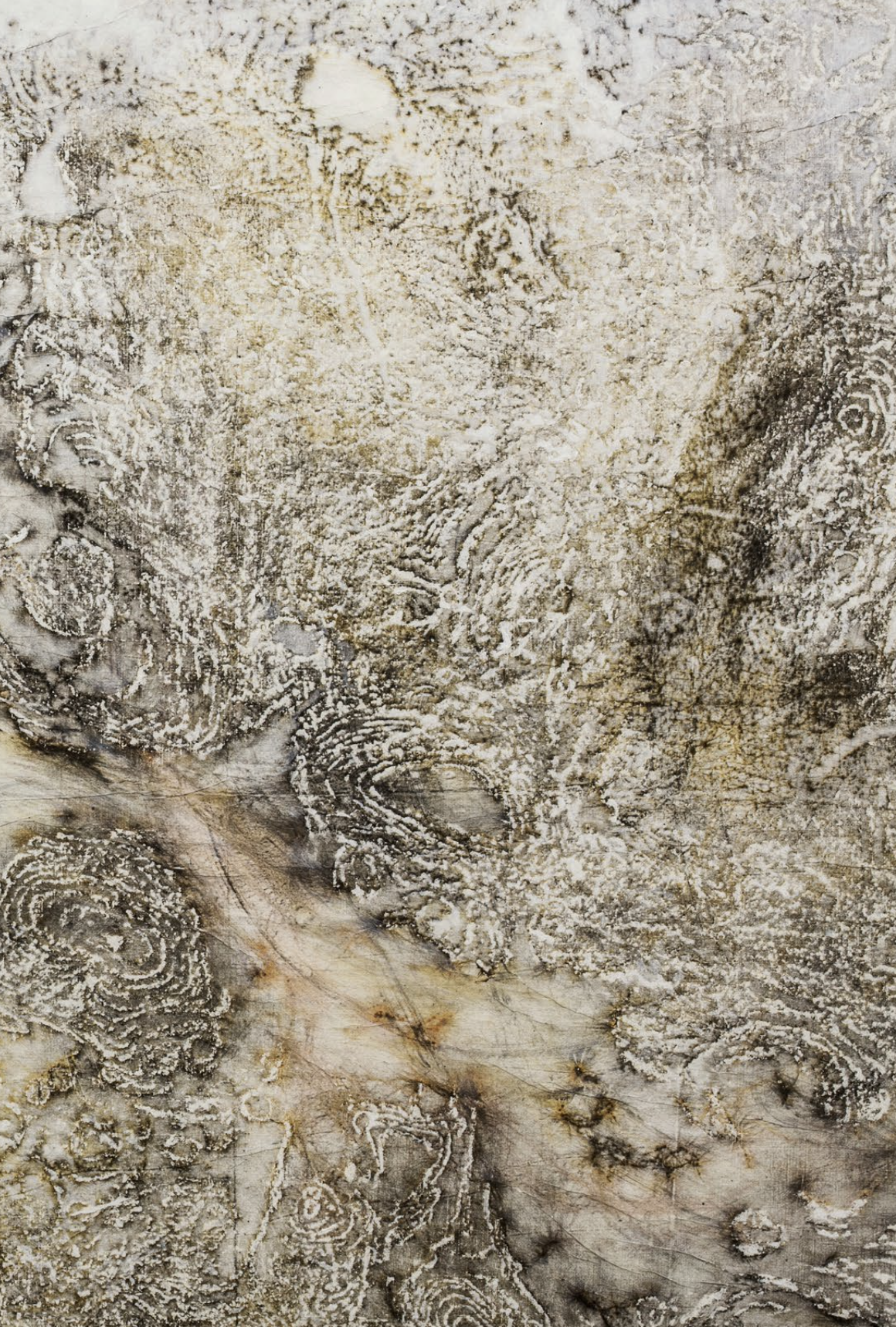 A detail of a painting shows the imprints of heavy weathering traces in black, beige, and yellow inks.