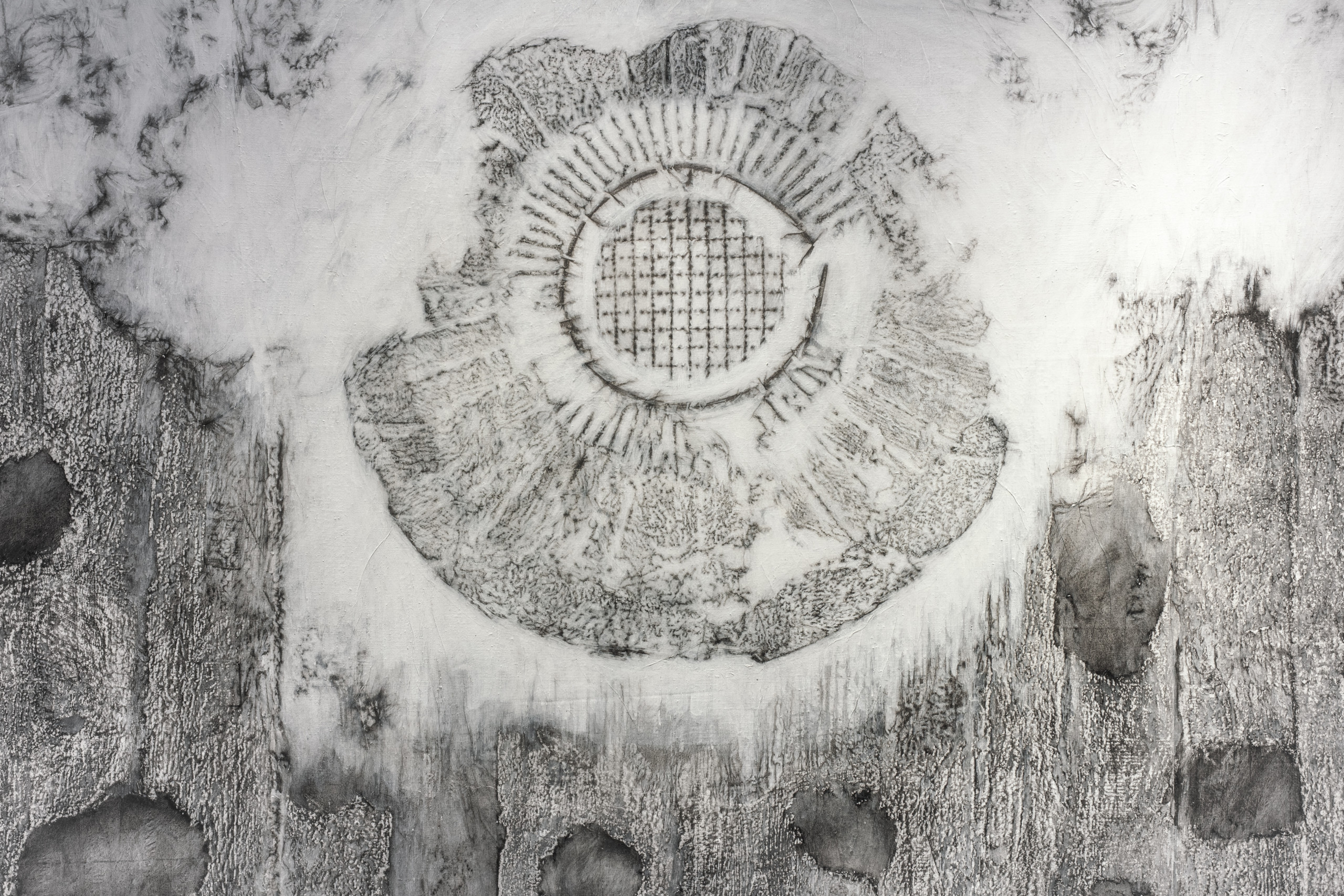 Detail of the center piece of Nadia Kaabi-Linke's triptychon The Altarpiece (2015) showing transfer prints of a circular window on canvas.