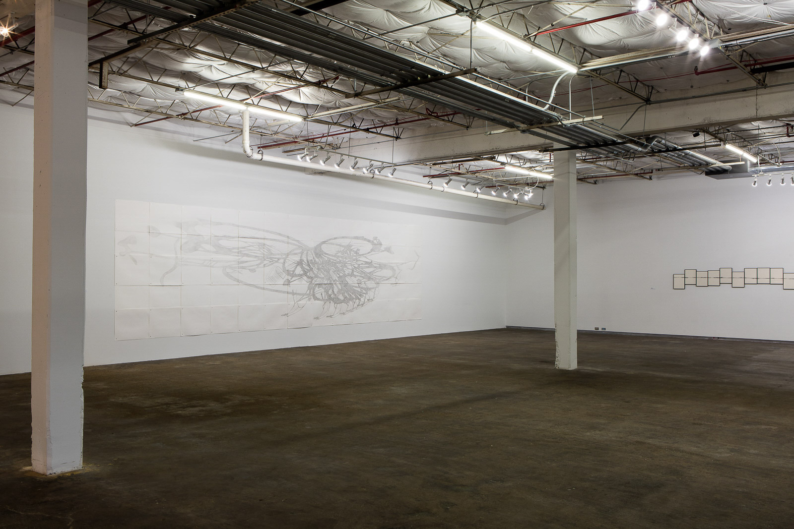 Exhibition view, with a big drawing on the wall to the left and multiple frames hung next to each other on the right side.