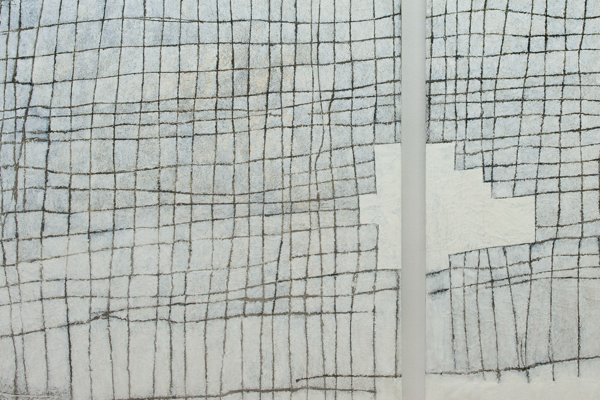 Transfer prints of a hand-drawn grid on two canvasses. Nadia Kaabi-Linke, Hai Khalil.