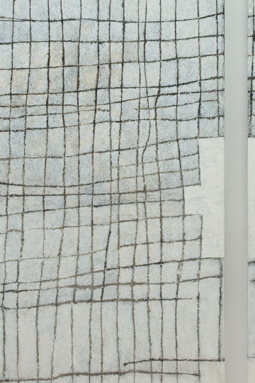 Transfer prints of a hand-drawn grid on two canvasses. Nadia Kaabi-Linke, Hai Khalil.