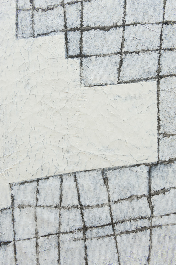 Detail of transfer prints of a hand-drawn grid on canvas