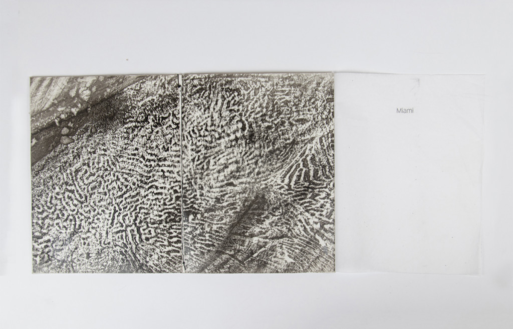 Open artist book with a frottage covering the left side.