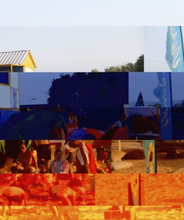 Damaged photograph of people by the sea. Nadia Kaabi Linke Crashed Memories Twenty-Eleven