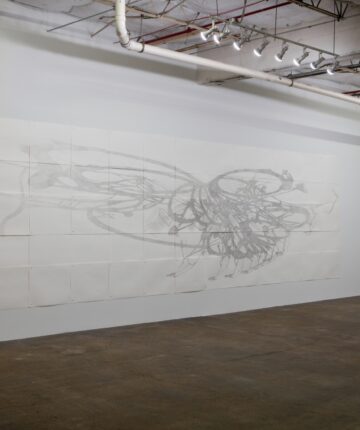 Drawing of the shadows of a woman's Bicycle stretching over sixty-five pieces of drawing paper, mounted on a wall, Bicycle_2015_Nadia Kaabi-Linke