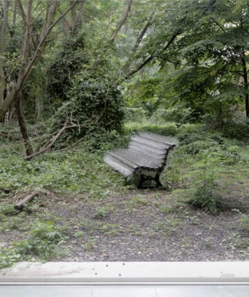 A bench covered with bird spikes in a neglected garden. Photographed from inside. Nadia Kaabi-Linke Seeing Without Light