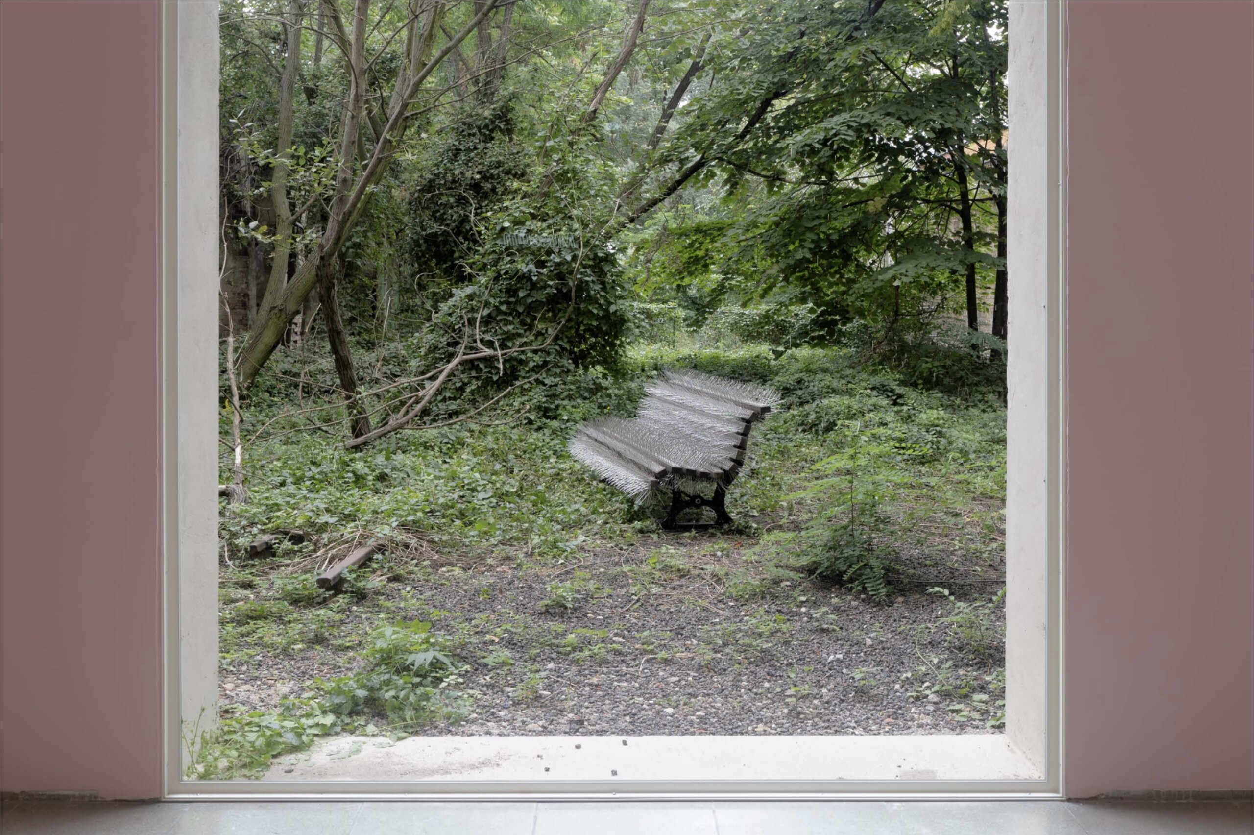 A bench covered with bird spikes in a neglected garden. Photographed from inside.