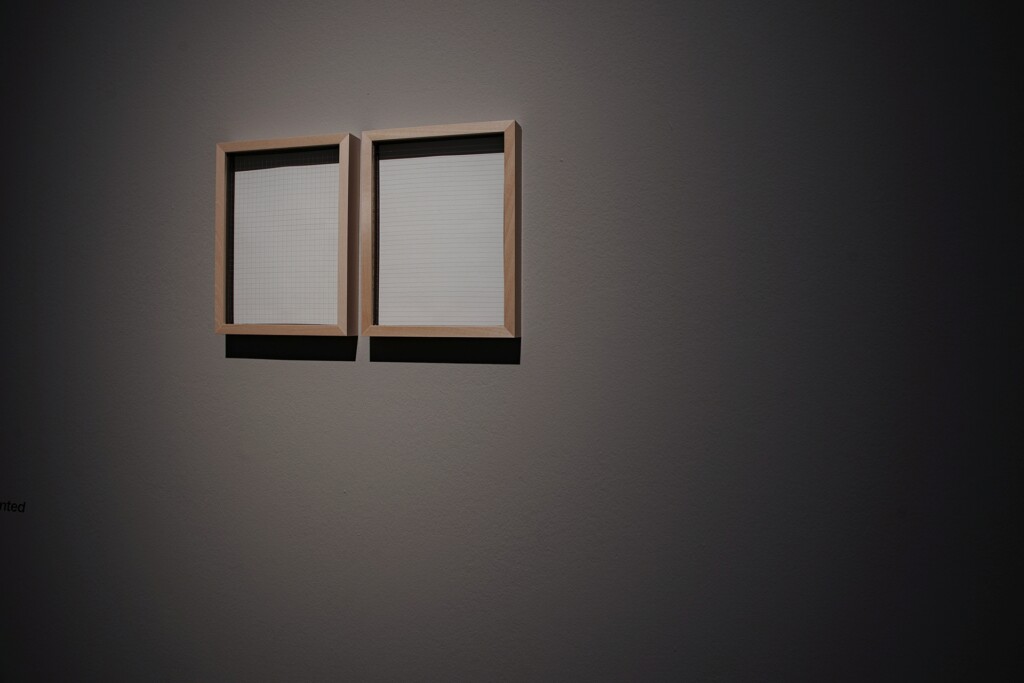 Two framed drawings hanging on a dark wall.