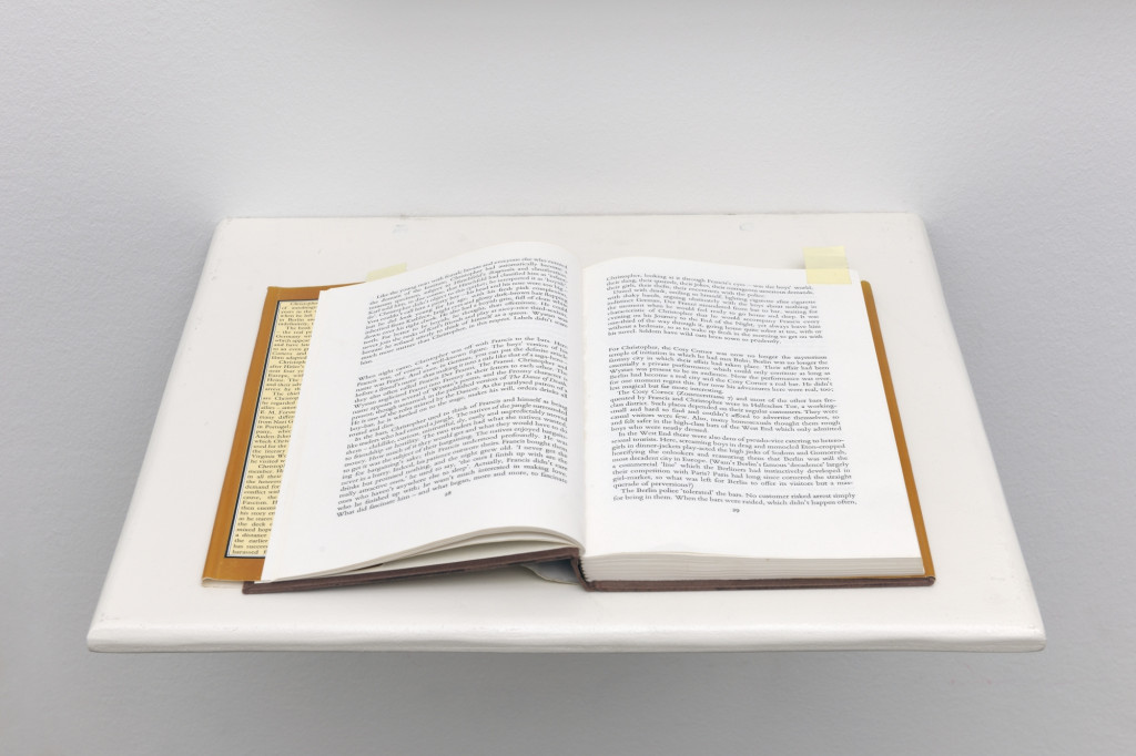 An opened book placed on a white shelf These Goddamn Boys, 2008, Detail of the painting from Nadia Kaabi-Linke, These Goddamn Boys, 2008