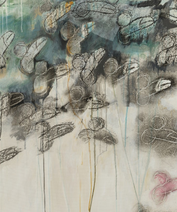 An abstract painting with stylized male genitalia in black and teal, pink, Close Up / These Goddamn Boys, 2008,Detail of the painting from Nadia Kaabi-Linke, These Goddamn Boys, 2008