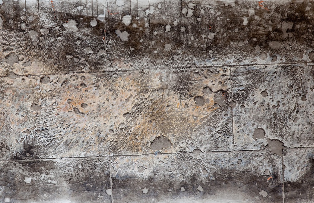 Detail view, off the Wall, 2008, a weathered Berlin façade with bullet-marked ornaments, symbolizing war's remnants and resilience amid change, transferred onto canvas by the artist Nadia Kaabi-Linke