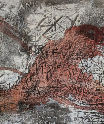 A big canvas covered by a transfer print with ink on paper and oil, depicting words scratched into wall, with washed out red color in the infinity form. Nadia Kaabi-Linke, Santa Margarita.