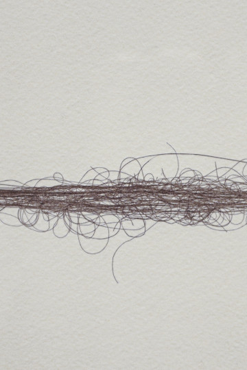 A line of curly hair on soft white paper background, creating an abstract, organic pattern. (Close Up) / Streched Perm, 2014, Nadia Kaabi-Linke, Detail View, Seeing Without Light in Hamburger Bahnhof, Berlin, Germany on August 27, 2023