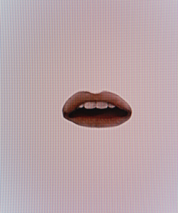 Still from a video of a mouth talking infront of a white background / Nadia Kaabi-Linke, No, 2012, 2-channel video installation with sound. Detail.