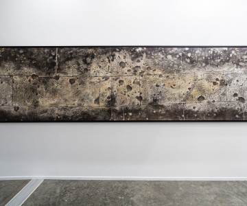 Installation view, off the Wall, 2008, a weathered Berlin façade with bullet-marked ornaments, symbolizing war's remnants and resilience amid change, transferred onto canvas by the artist Nadia Kaabi-Linke