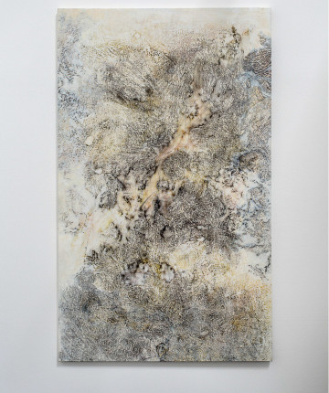 A painting hanging on a white exhibition wall, showing the imprints of heavy weathering traces in black, beige, and yellow inks.