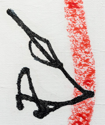 Detail of a red and black pencil and crayon drawing on white canvas. Nadia Kaabi-Linke, Pale Geranium Lake and Scarlet.