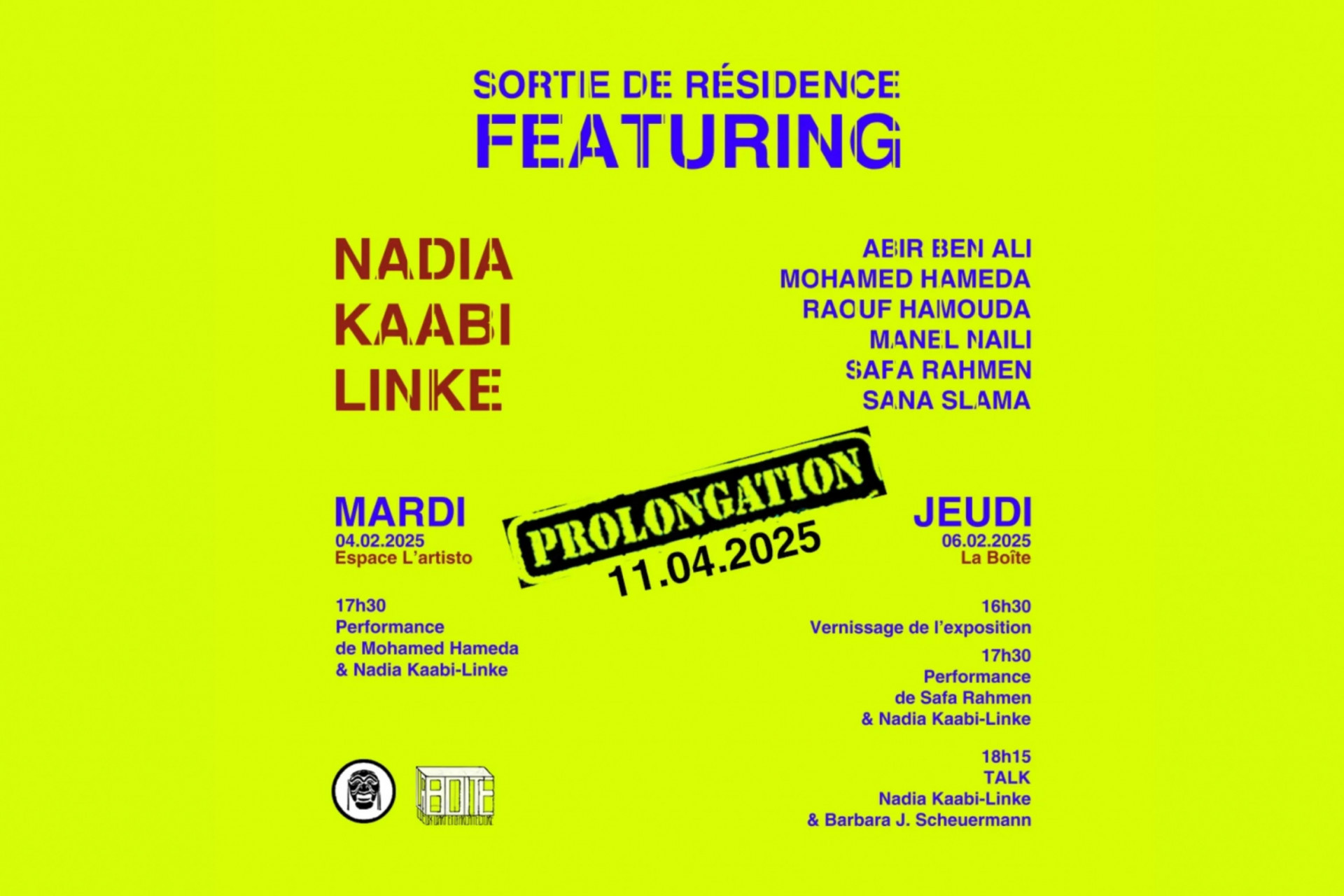 Blue and red text on yellow background announcing the exhibition Featuring...