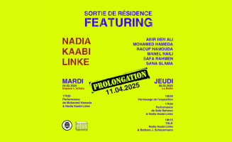 Blue and red text on yellow background announcing the exhibition Featuring...