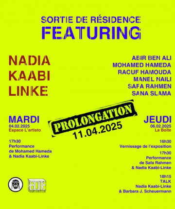 Blue and red text on yellow background announcing the exhibition Featuring...