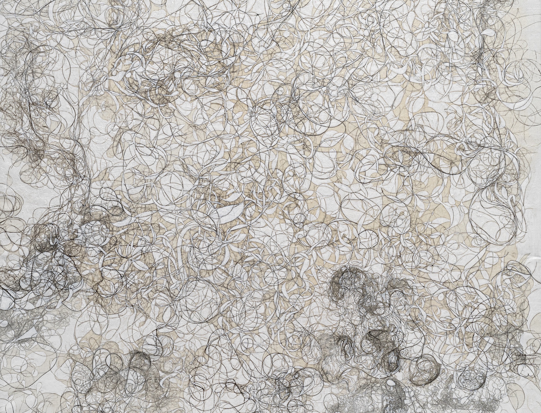 Detail of a complex miniature painting or drawing with hairlines on canvas.