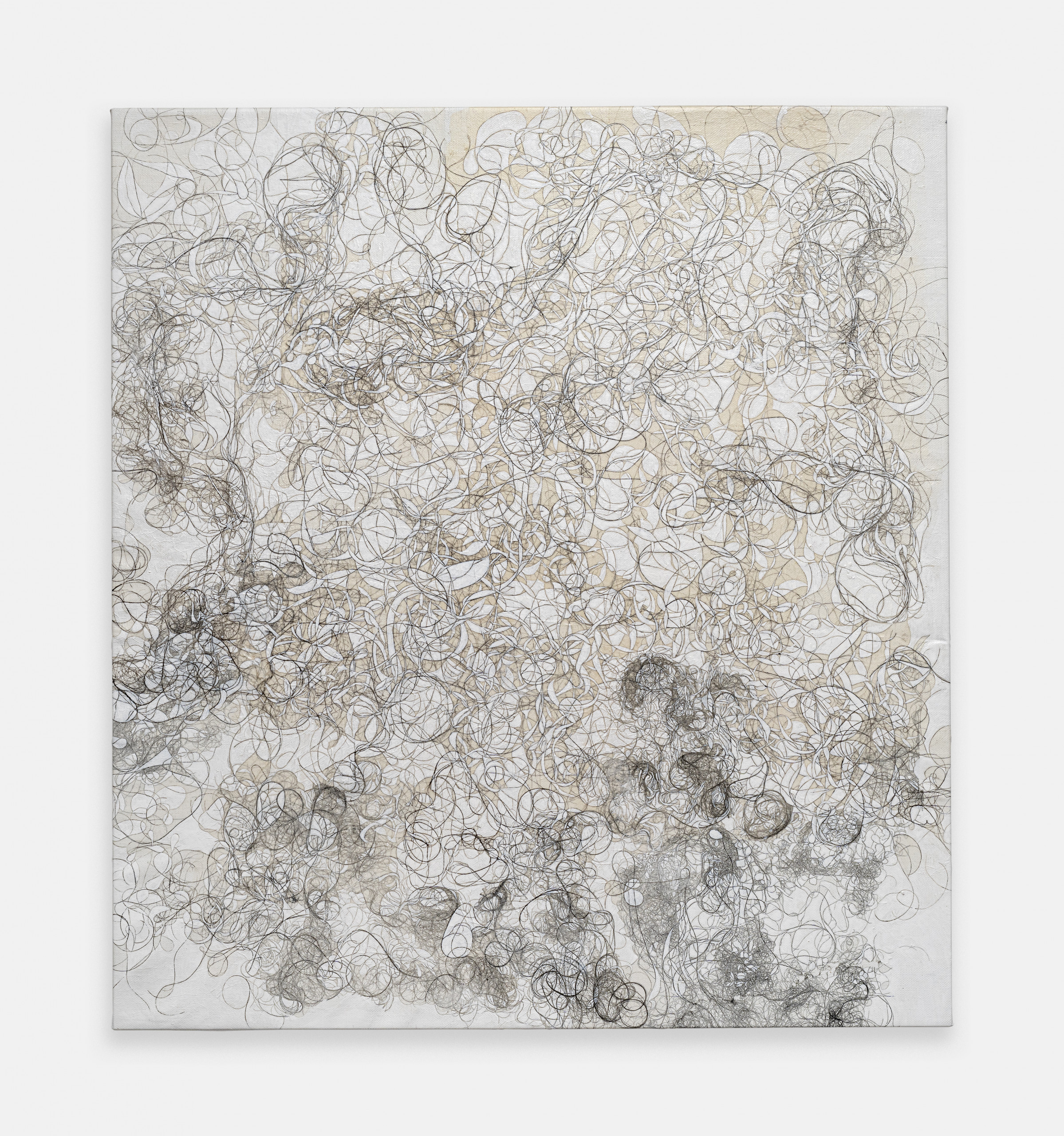 Complex miniature painting or drawing with hairlines on canvas.