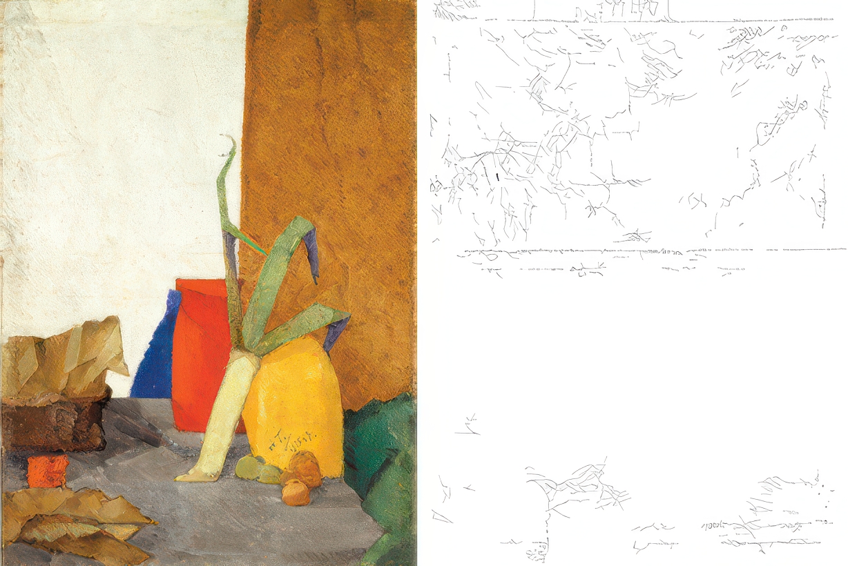 Painting showing a still life with colorful objects, and a black-and-white reproduction of the damages on the canvas.