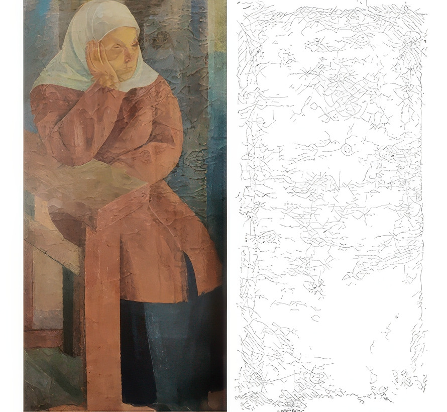 Painting showing an old womand on a chair and a black-and-white-reproduction of damages of the canvas.