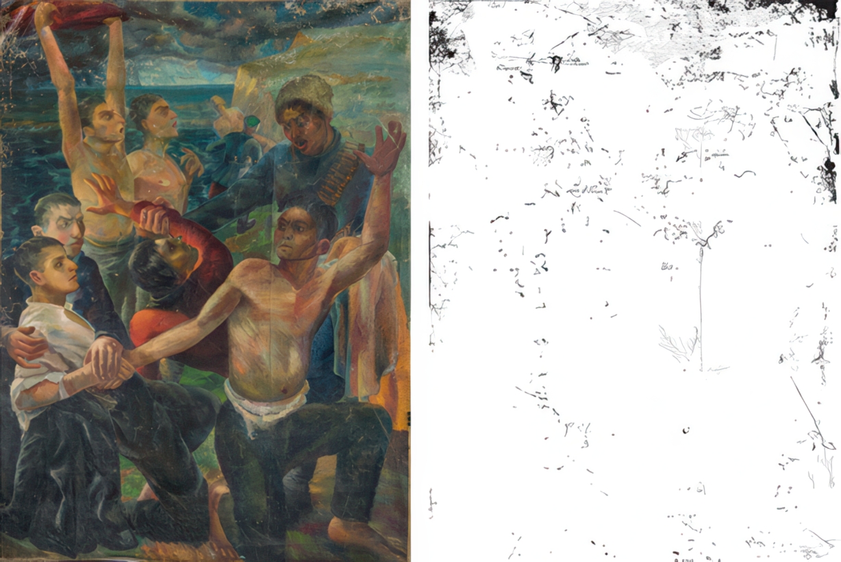 Painting depicting a violent scene of fighting people and the black-and-white reproduction of the damages on the canvas.