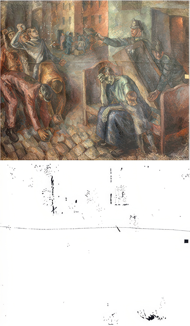 Painting of a civil uprest and black-and-white reproduction of the paintings damages.