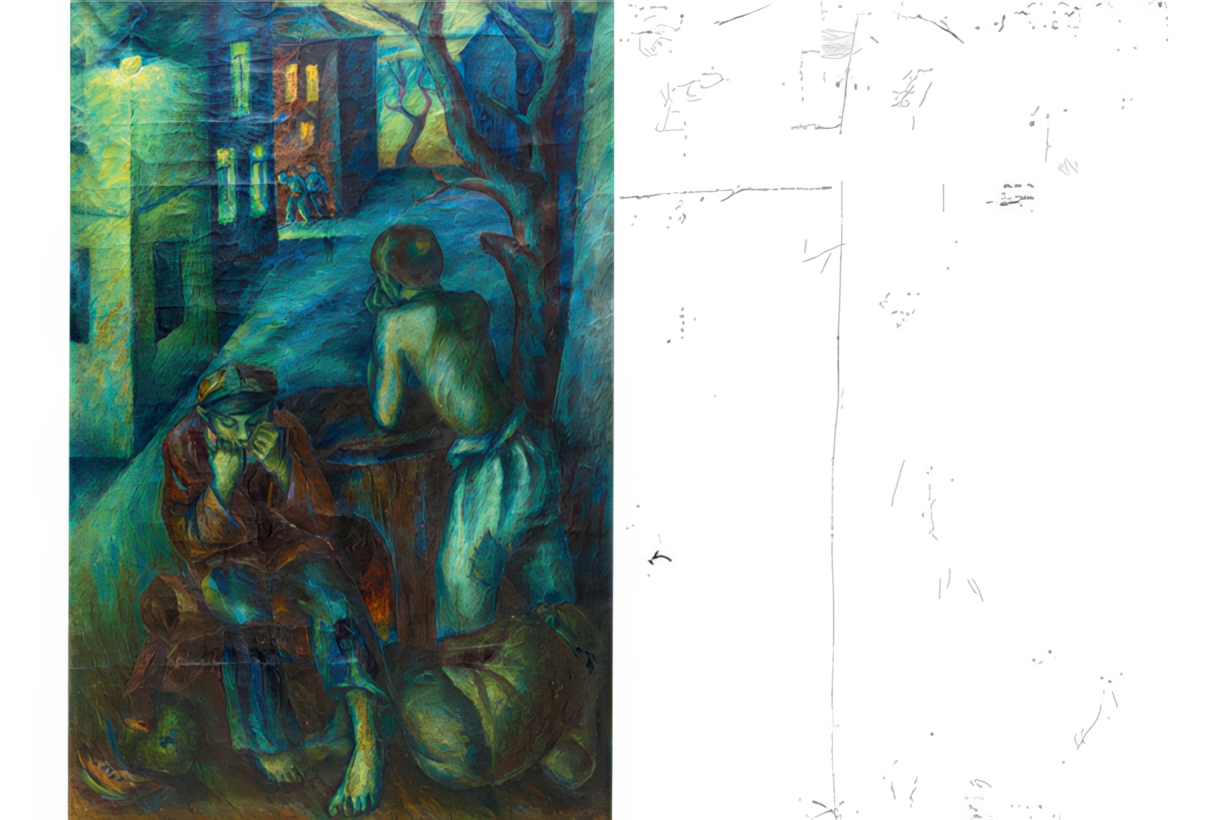 Painting showing three poor boys in the street and the black-and-white reproduction of the damages on the canvas.