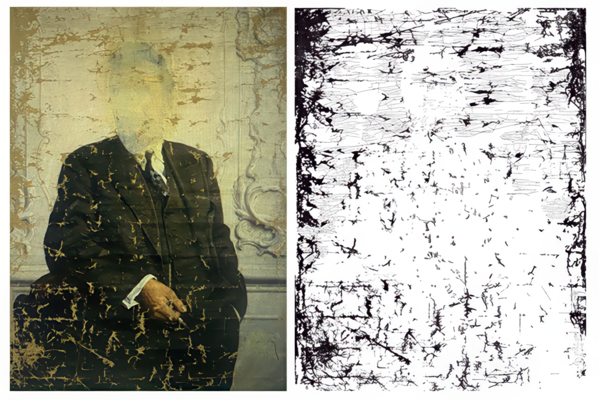 Original portraiture painting with reproduction of traces showing a man without face.