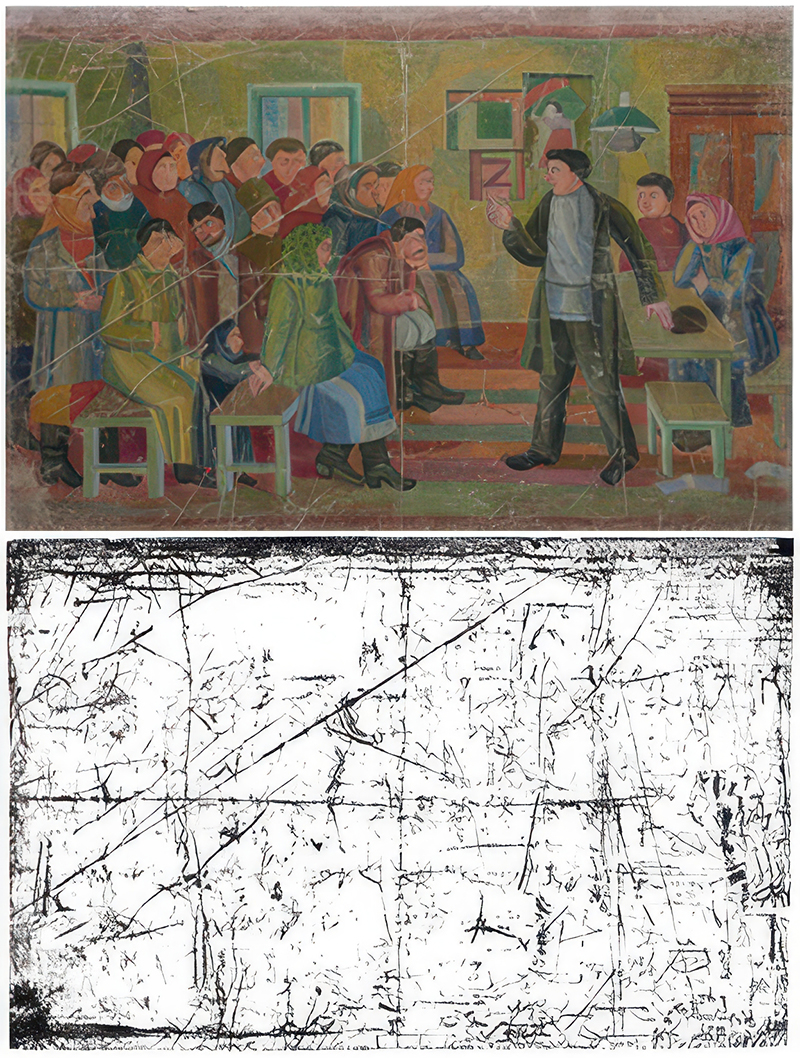 Painting showing a man speaking in front of a crowd with the a black-and-write