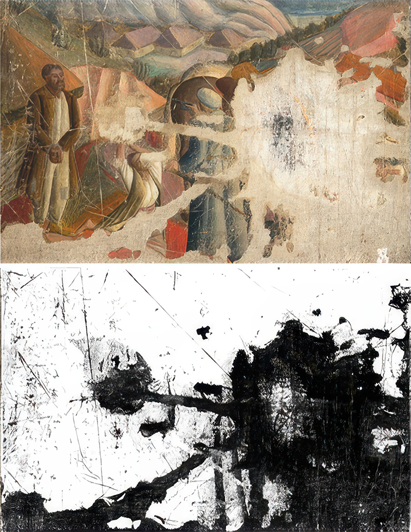 Heavily damaged landscape painting with a man and a black-and-white reproductions of the paintings damages on the canvas.