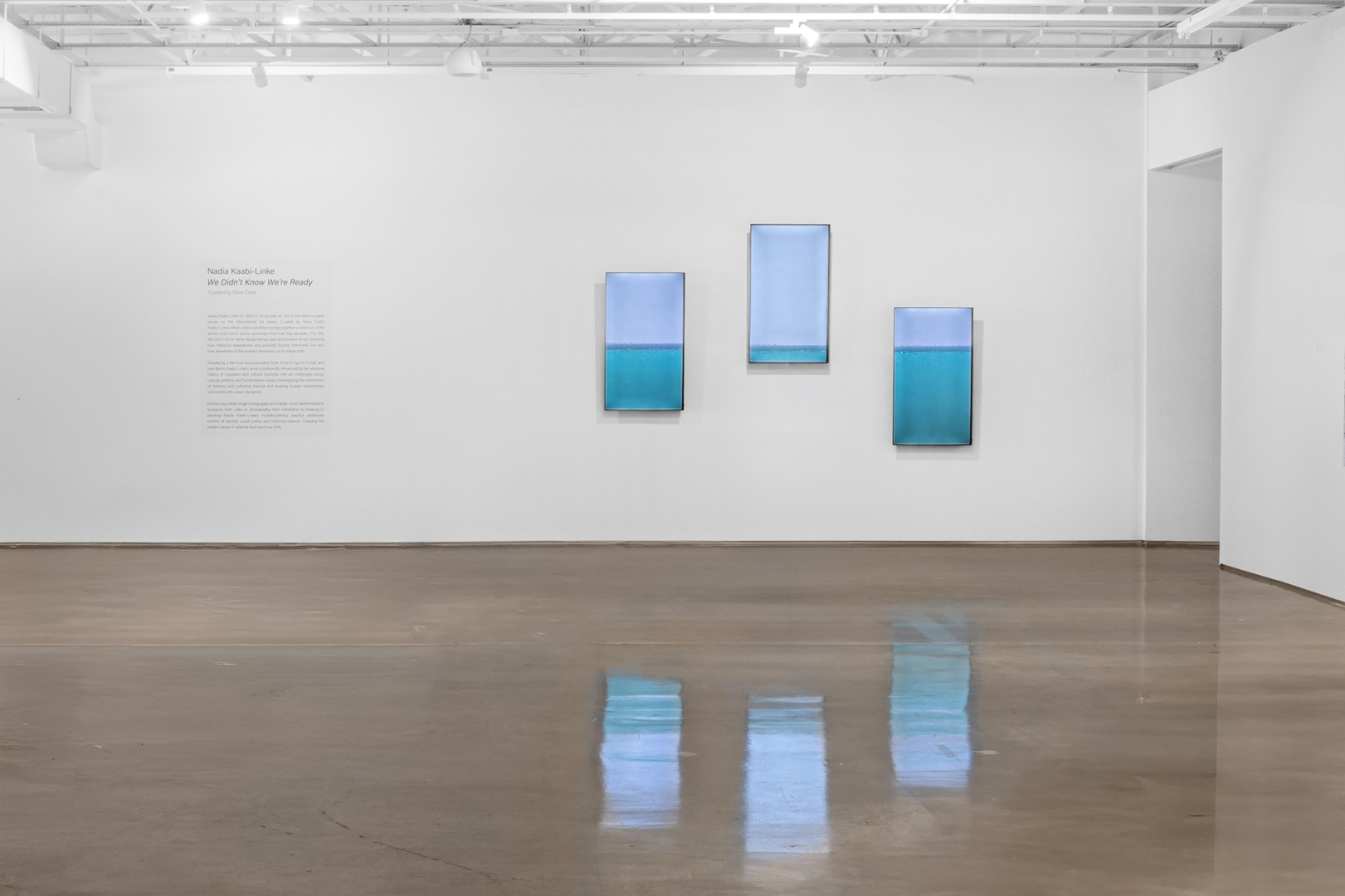 White and bright gallery space with wall text and three blue video screens.