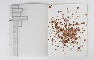 Open artist book with brown specks on the right side. Nadia Kaabi-Linke, Outdoor Reminiscence.