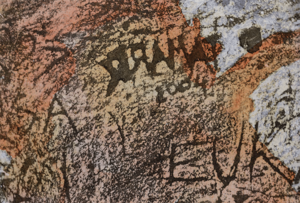 Close up of a canvas covered by a transfer print with ink on paper and oil, depicting words scratched into wall, with a red for resembling a mysterious creature.