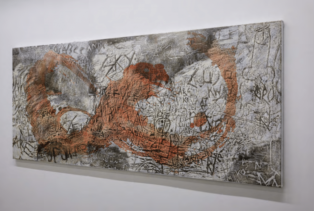 A big canvas covered by a transfer print with ink on paper and oil, depicting words scratched into wall, with washed out red color in the infinity form.