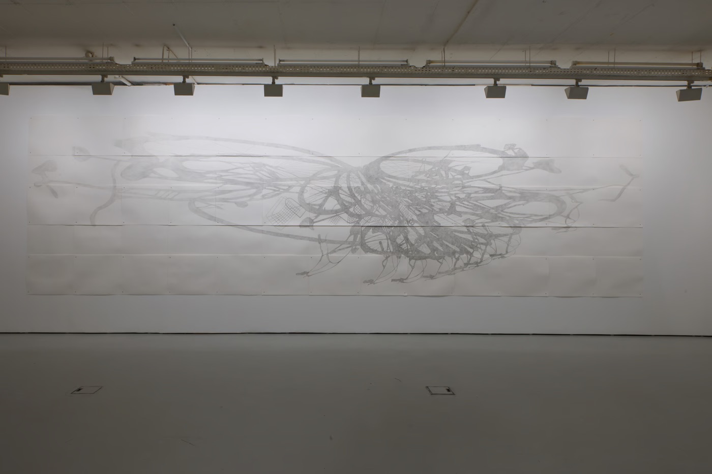 Drawing of the shadows of a woman's Bicycle stretching over sixty-five pieces of drawing paper, mounted on a wall, Bicycle_2015_Nadia Kaabi-Linke