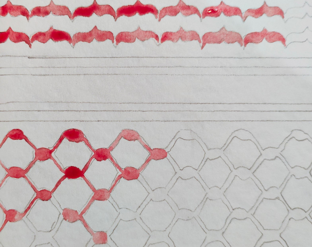 Keffieh pattern with blood on pater. Process image of the making of a water color drawing with blood.