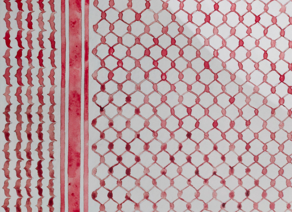 Keffieh pattern with blood on pater. Process image of the making of a water color drawing with blood.