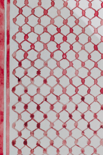 Keffieh pattern with blood on pater. Process image of the making of a water color drawing with blood. Nadia Kaabi-Linke Dammi