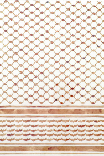 Installation view of water-color drawing with autologuous blood and stones sealed between two acrylic sheets.