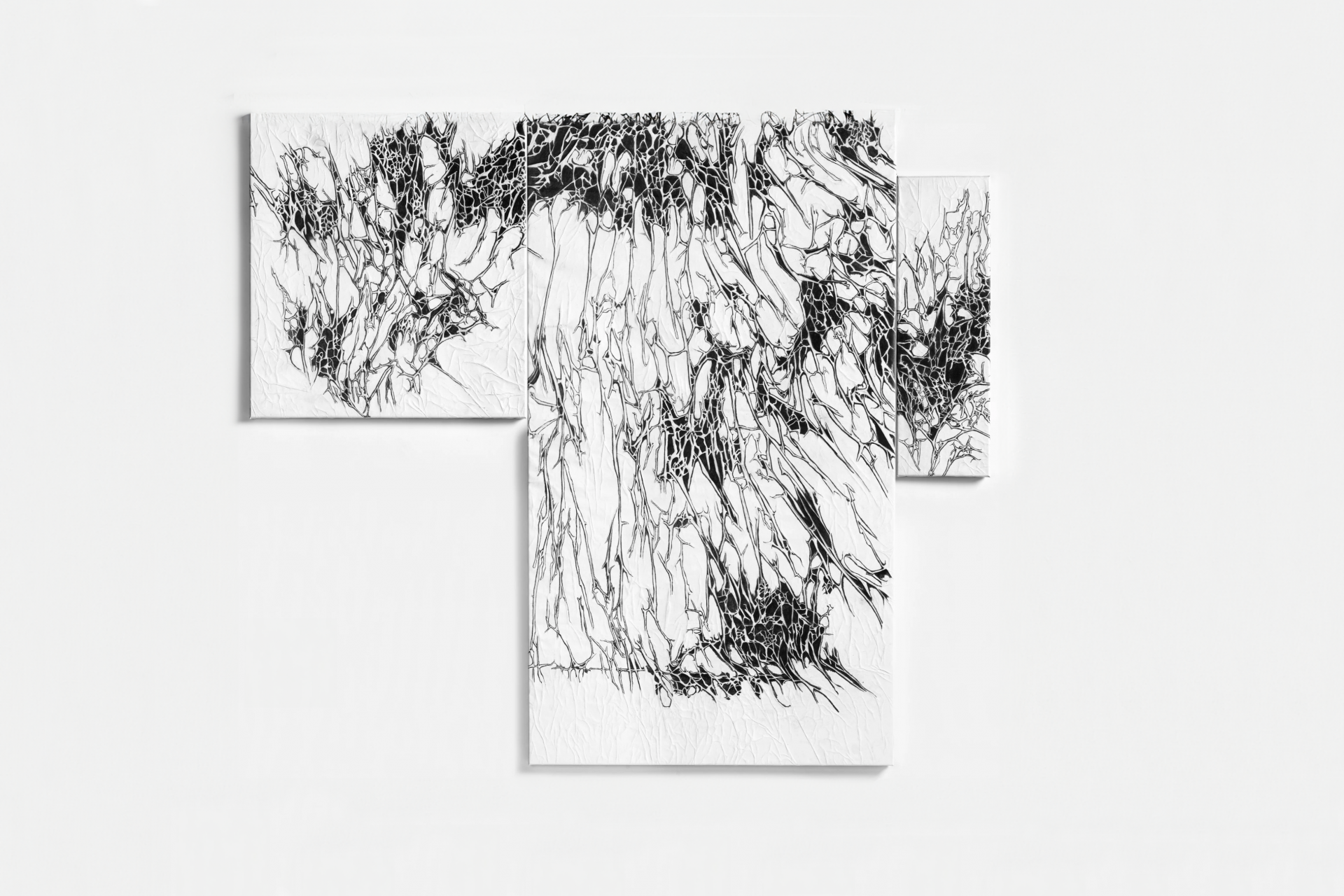 Three, different sized, canvases with graphit and paper foldings on canvas. Nadia Kaabi-Linke, Spic & Span.