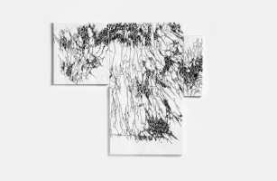 Three, different sized, canvases with graphit and paper foldings on canvas.