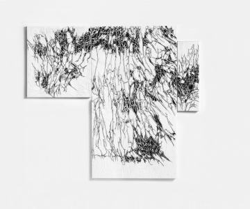 Three, different sized, canvases with graphit and paper foldings on canvas. Nadia Kaabi-Linke, Spic & Span.