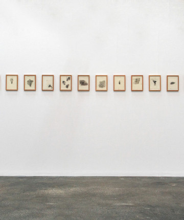 A row of 20 small, framed images hanging on a white wall. Nadia Kaabi-Linke Impunities London (Original)