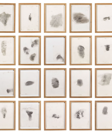 A series with twenty small black velvet powder transfer prints on film and paper with different trace records from wounded body parts.